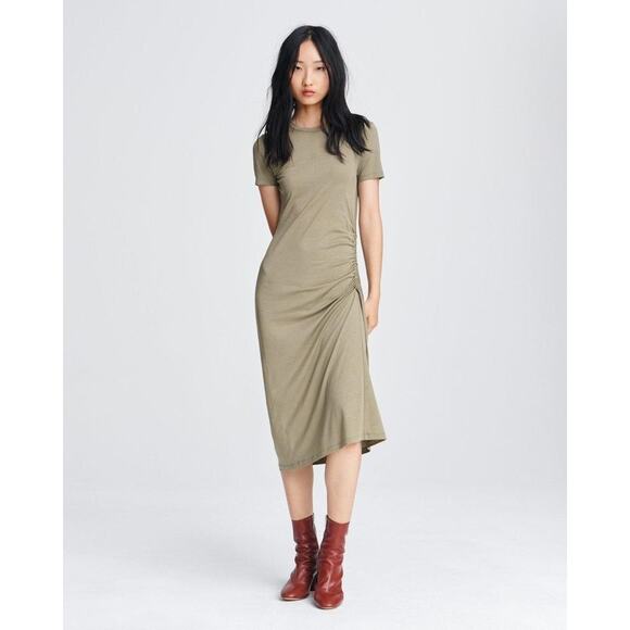 RAG & BONE Ina Ruched Midi Jersey T-Shirt Dress Light Olive Shopbop S NWT $325 - Picture 1 of 13